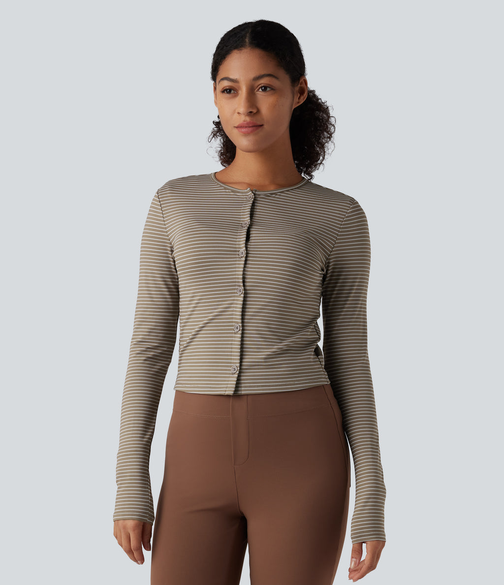 Round Neck Long Sleeve Button Fly Stripes Work Top — Sandstone Beige — view 5