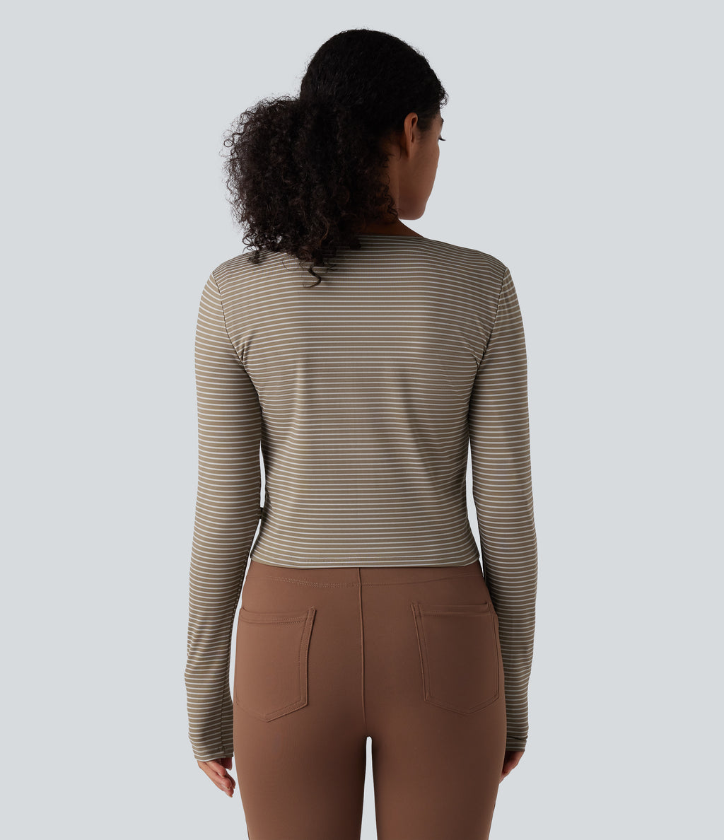 Round Neck Long Sleeve Button Fly Stripes Work Top — Sandstone Beige — view 3