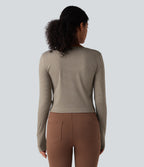 Round Neck Long Sleeve Button Fly Stripes Work Top — Sandstone Beige — view 3