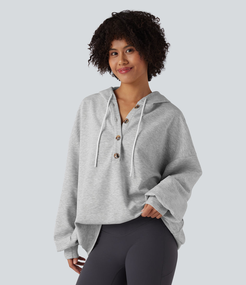 Hooded Drawstring Long Sleeve Casual Sweatshirt with Pockets — Fog Gray — view 3