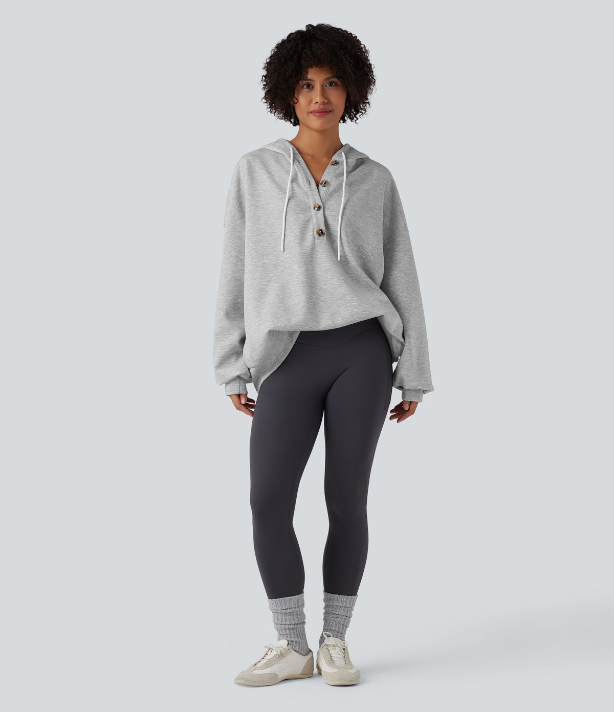 Hooded Drawstring Long Sleeve Casual Sweatshirt with Pockets — Fog Gray — view 7