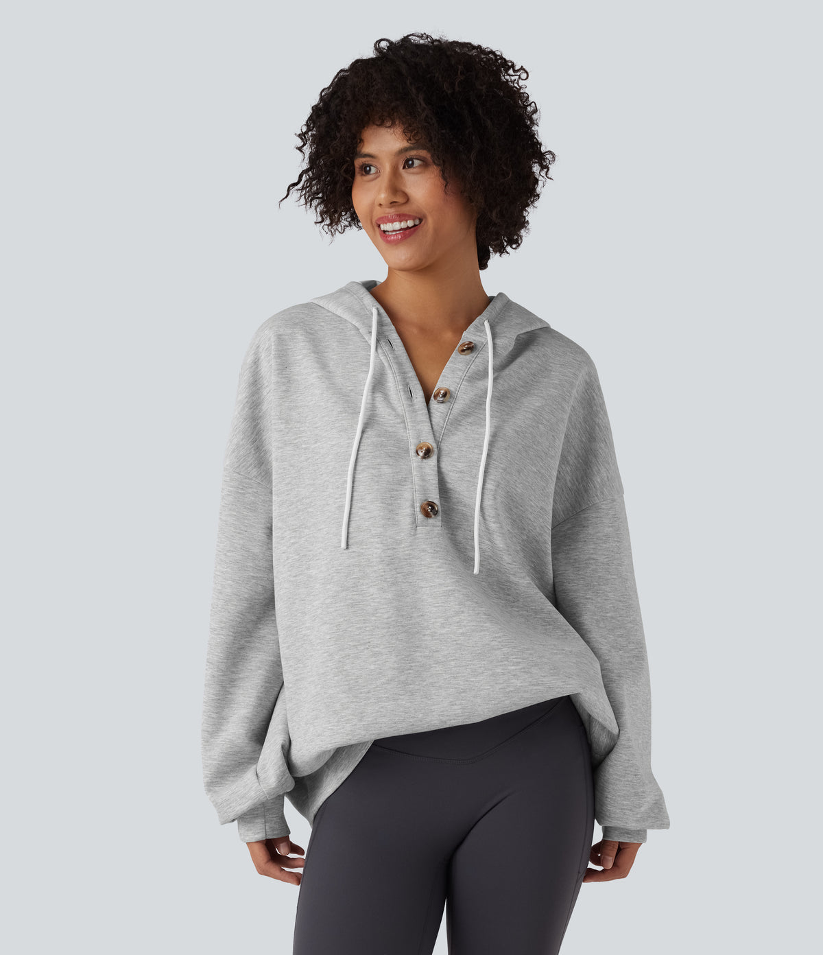 Hooded Drawstring Long Sleeve Casual Sweatshirt with Pockets — Fog Gray — view 1