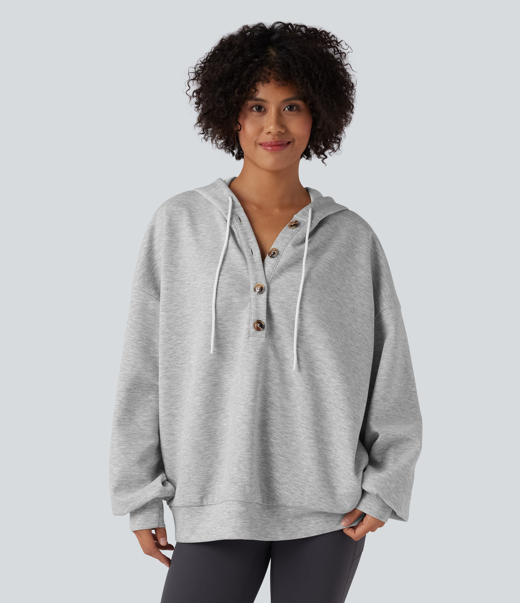 Hooded Drawstring Long Sleeve Casual Sweatshirt with Pockets — Fog Gray — view 6