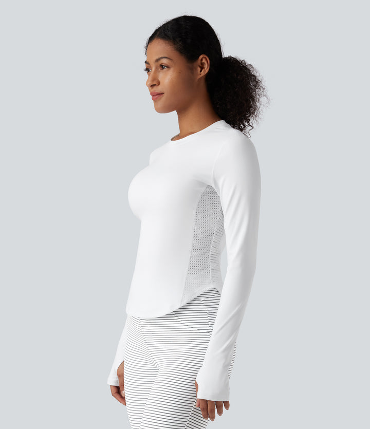 Round Neck Long Sleeve Thumb Hole Cut Out Curved Hem Worktout Sports Top — White — view 1