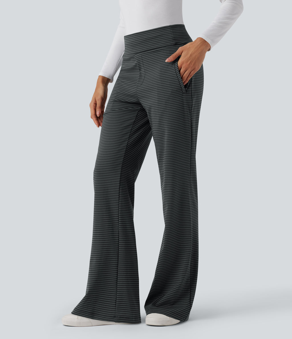 Mid Rise Stripes Work Flared Trousers with Zip Pockets — Steel Stripe — view 8