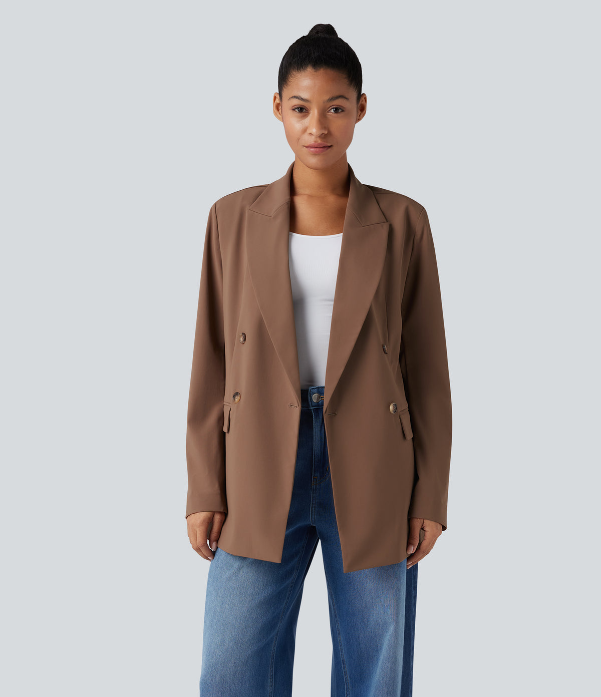 Notched Collar Long Sleeve Work Blazer with Pockets — Pecan Pie — view 4