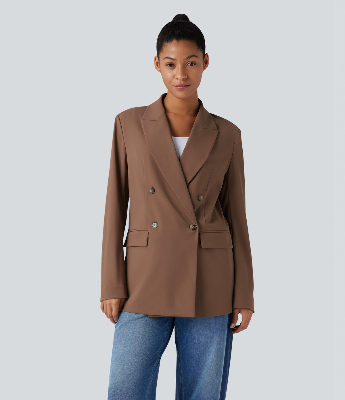 Notched Collar Long Sleeve Work Blazer with Pockets — Pecan Pie — view 7