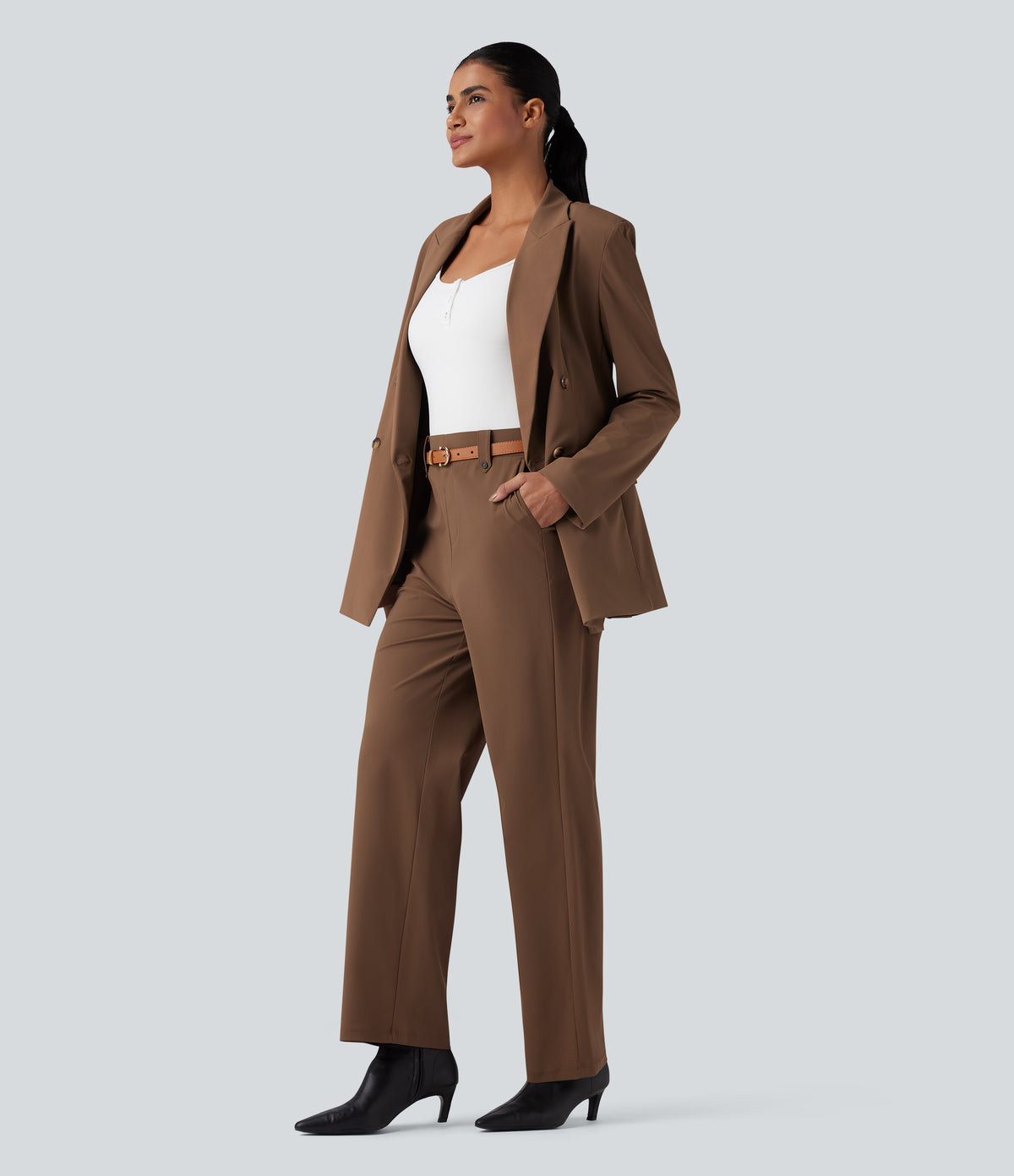 Notched Collar Long Sleeve Work Blazer with Pockets — Pecan Pie — view 8