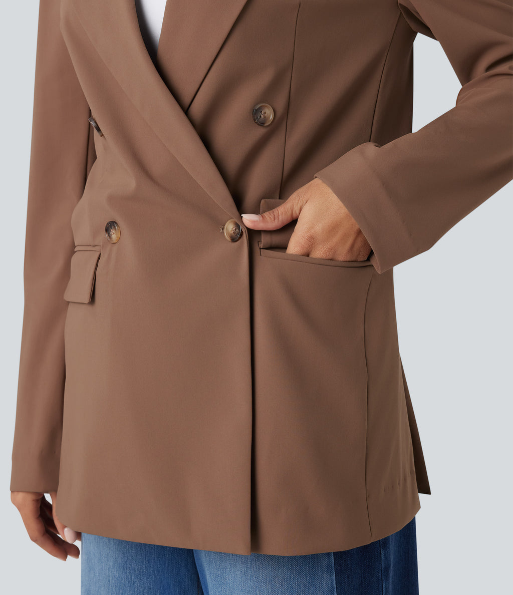 Notched Collar Long Sleeve Work Blazer with Pockets — Pecan Pie — view 5