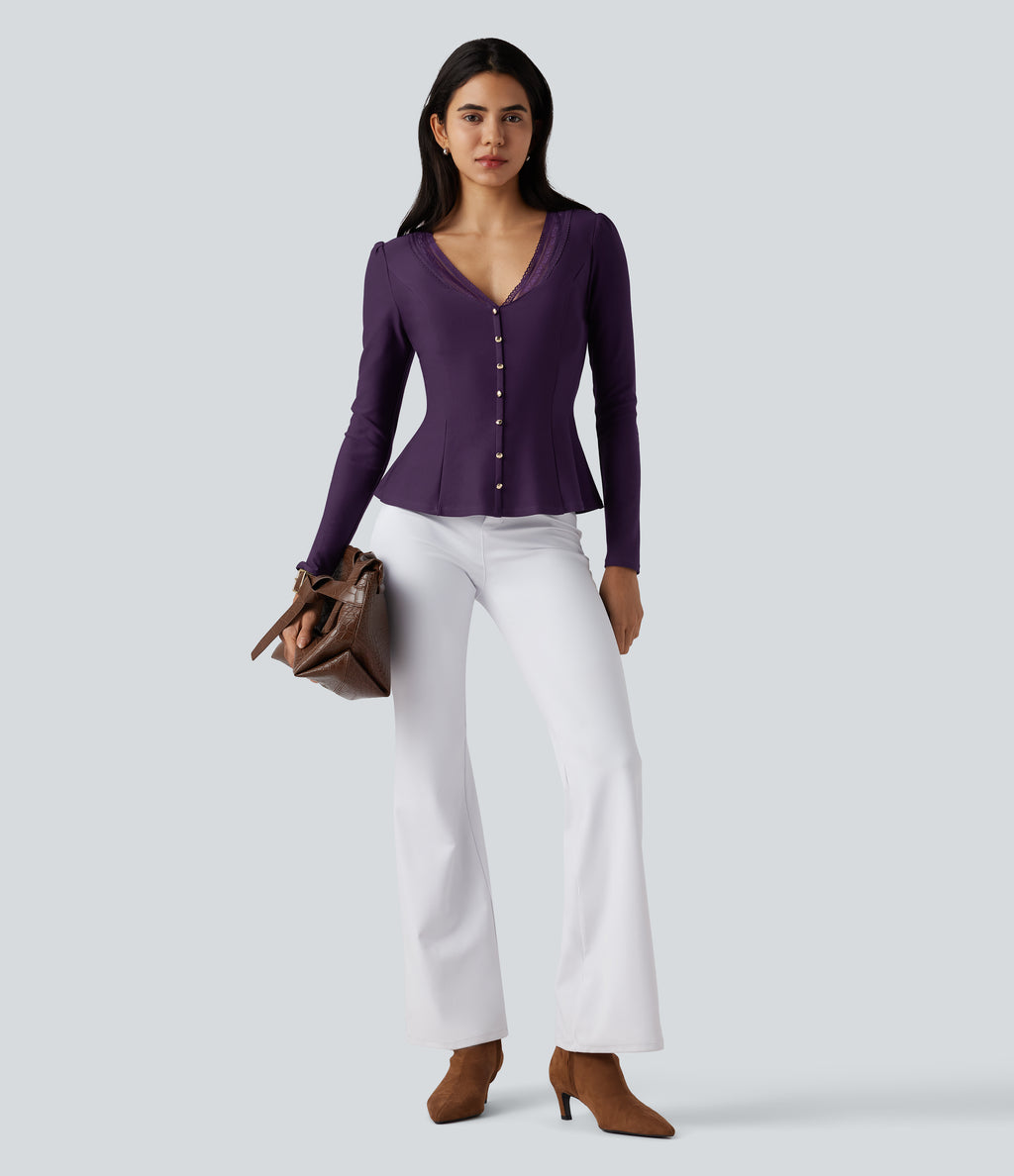 V Neck Contrast Lace Long Sleeve Ruffle Hem Work Blouse — Blackberry Cordial — view 5