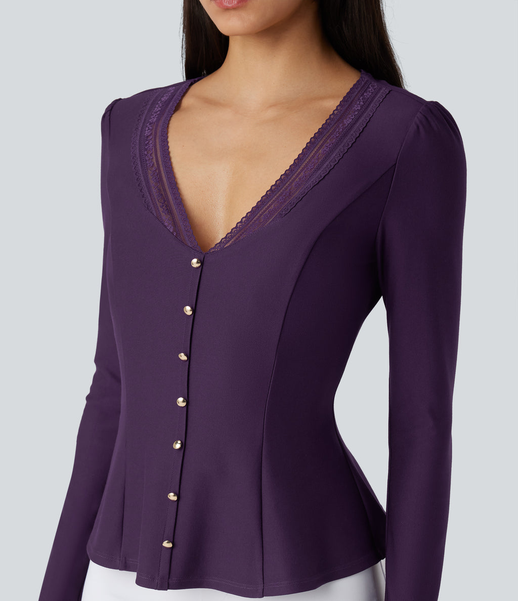 V Neck Contrast Lace Long Sleeve Ruffle Hem Work Blouse — Blackberry Cordial — view 4