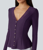 V Neck Contrast Lace Long Sleeve Ruffle Hem Work Blouse — Blackberry Cordial — view 4