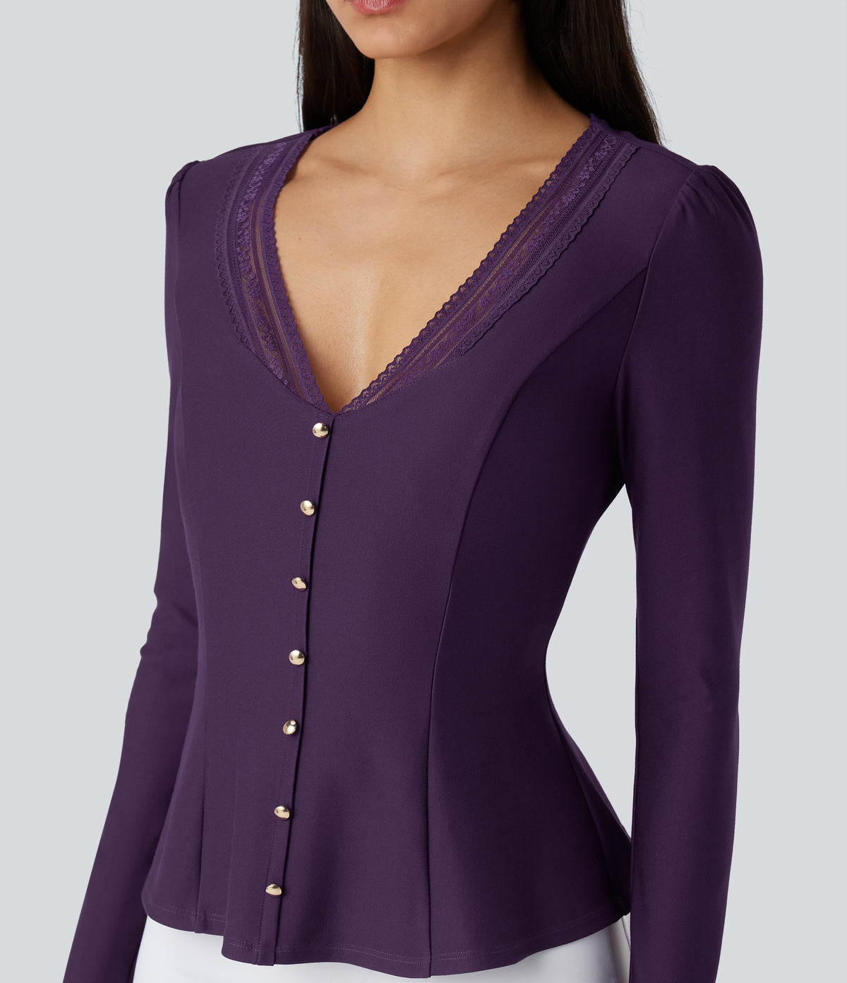V Neck Contrast Lace Long Sleeve Ruffle Hem Work Blouse — Blackberry Cordial — view 4