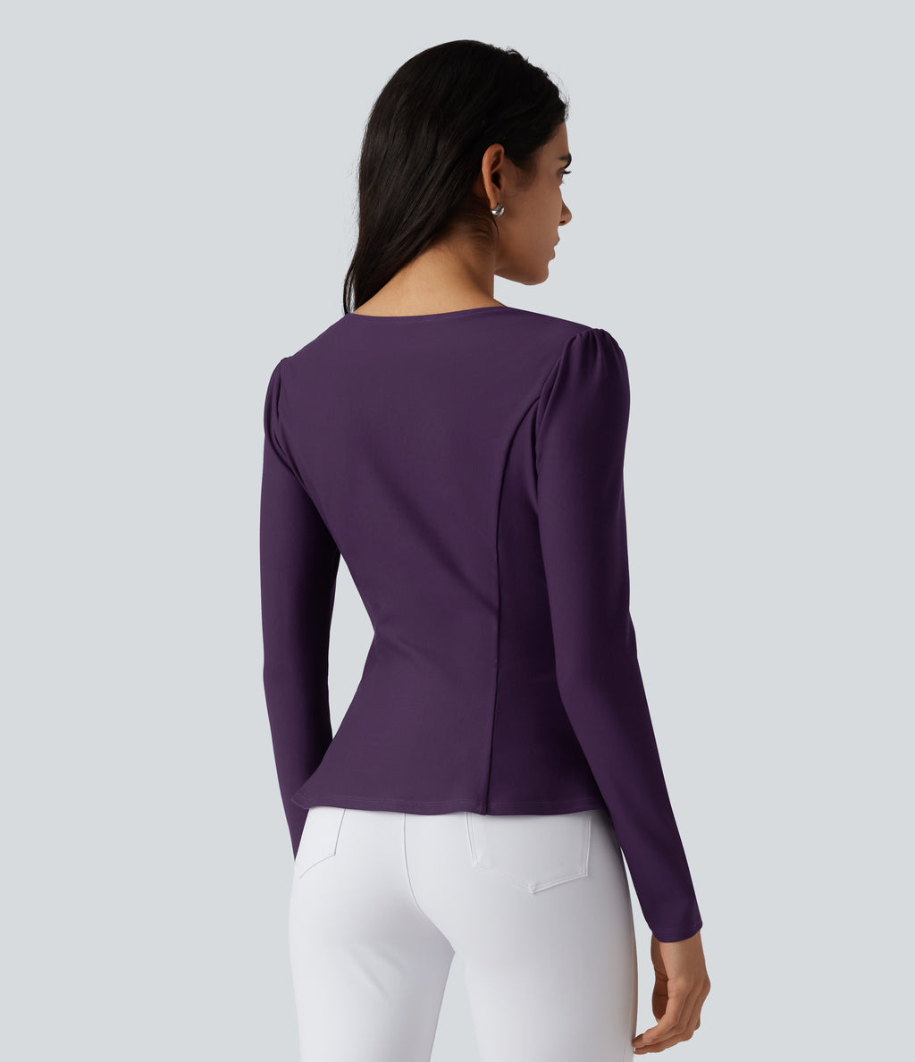 V Neck Contrast Lace Long Sleeve Ruffle Hem Work Blouse — Blackberry Cordial — view 2