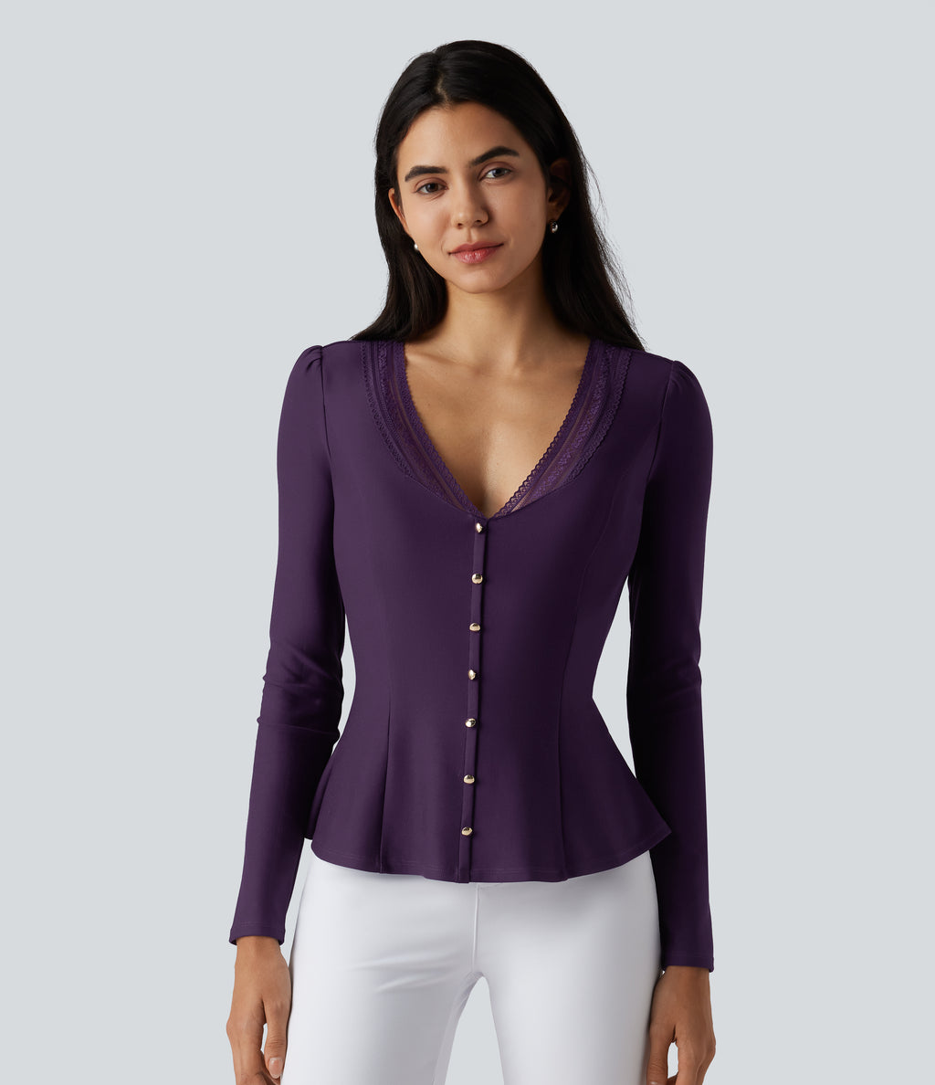V Neck Contrast Lace Long Sleeve Ruffle Hem Work Blouse — Blackberry Cordial — view 1