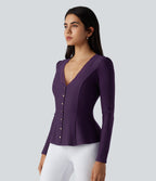 V Neck Contrast Lace Long Sleeve Ruffle Hem Work Blouse — Blackberry Cordial — view 3