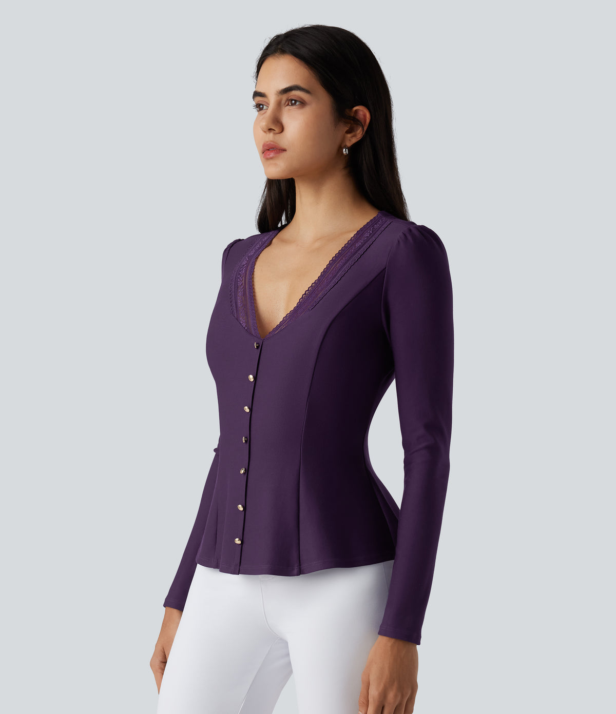V Neck Contrast Lace Long Sleeve Ruffle Hem Work Blouse — Blackberry Cordial — view 3