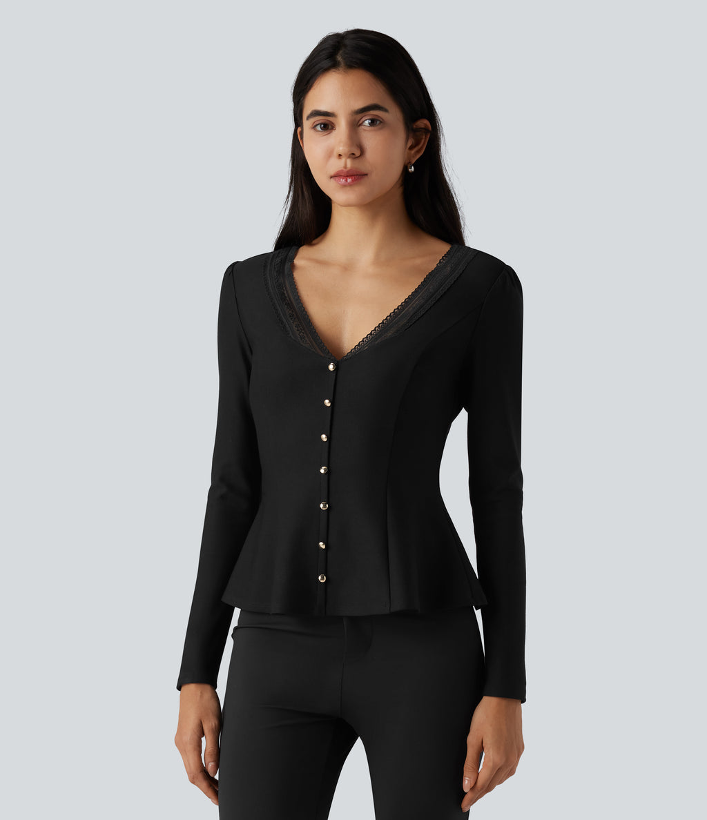 V Neck Contrast Lace Long Sleeve Ruffle Hem Work Blouse — Black — view 6