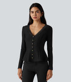 V Neck Contrast Lace Long Sleeve Ruffle Hem Work Blouse — Black — view 6