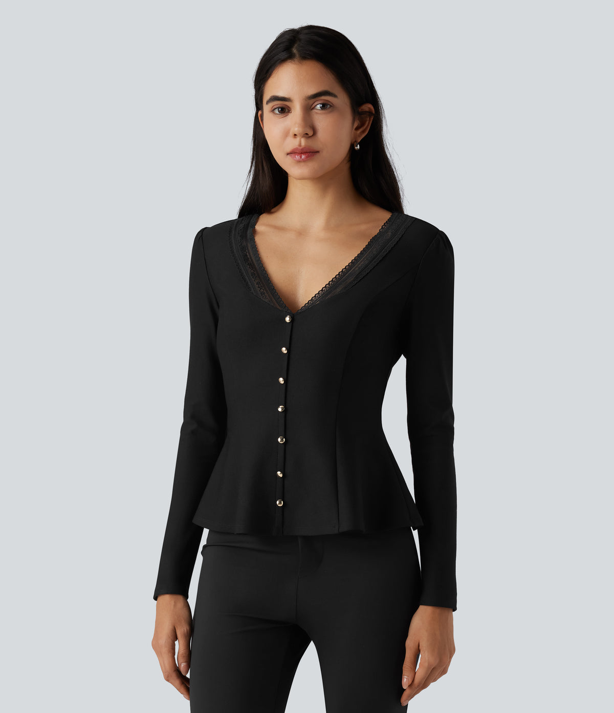 V Neck Contrast Lace Long Sleeve Ruffle Hem Work Blouse — Black — view 6