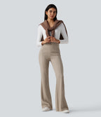 Ribbed High Waisted Tummy Control Casual Flare Trousers — Oatstone Beige — view 6
