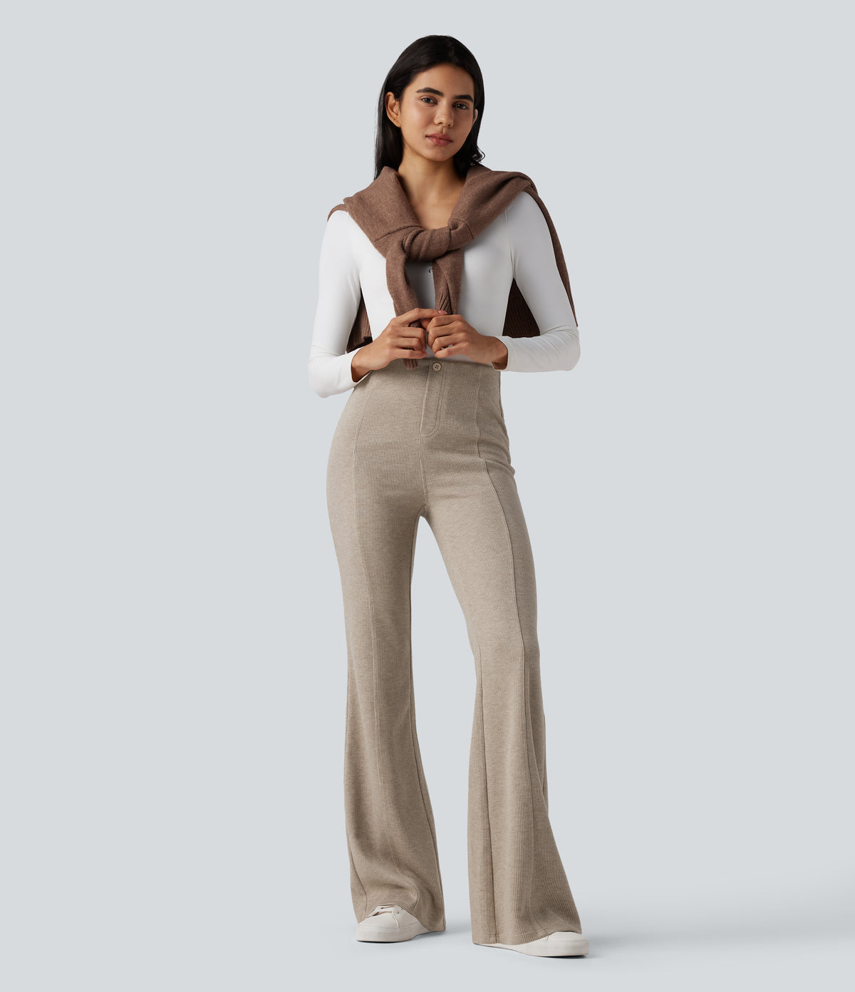 Ribbed High Waisted Tummy Control Casual Flare Trousers — Oatstone Beige — view 6