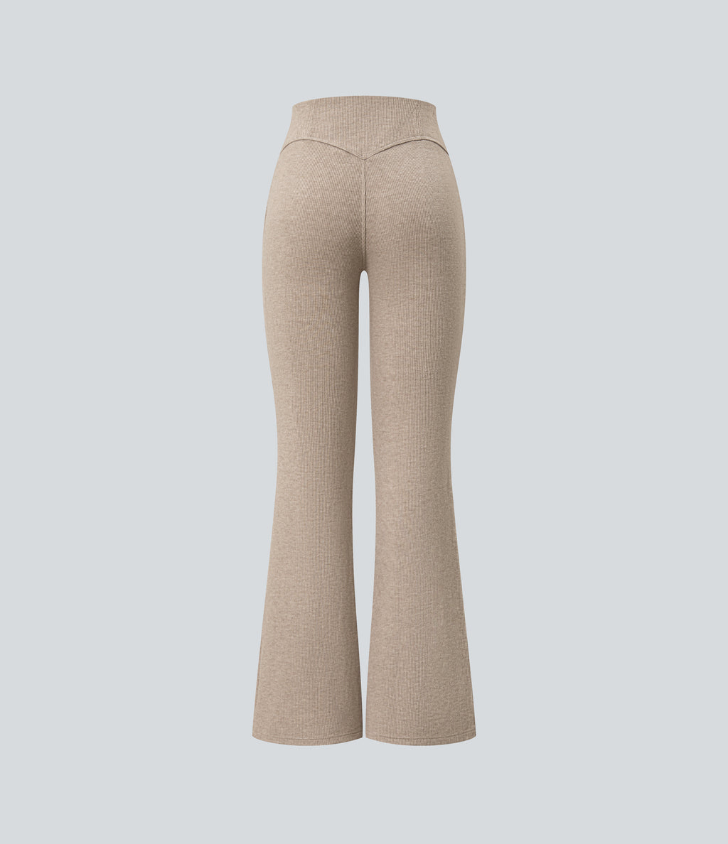 Ribbed High Waisted Tummy Control Casual Flare Trousers — Oatstone Beige — view 8