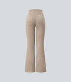 Ribbed High Waisted Tummy Control Casual Flare Trousers — Oatstone Beige — view 8