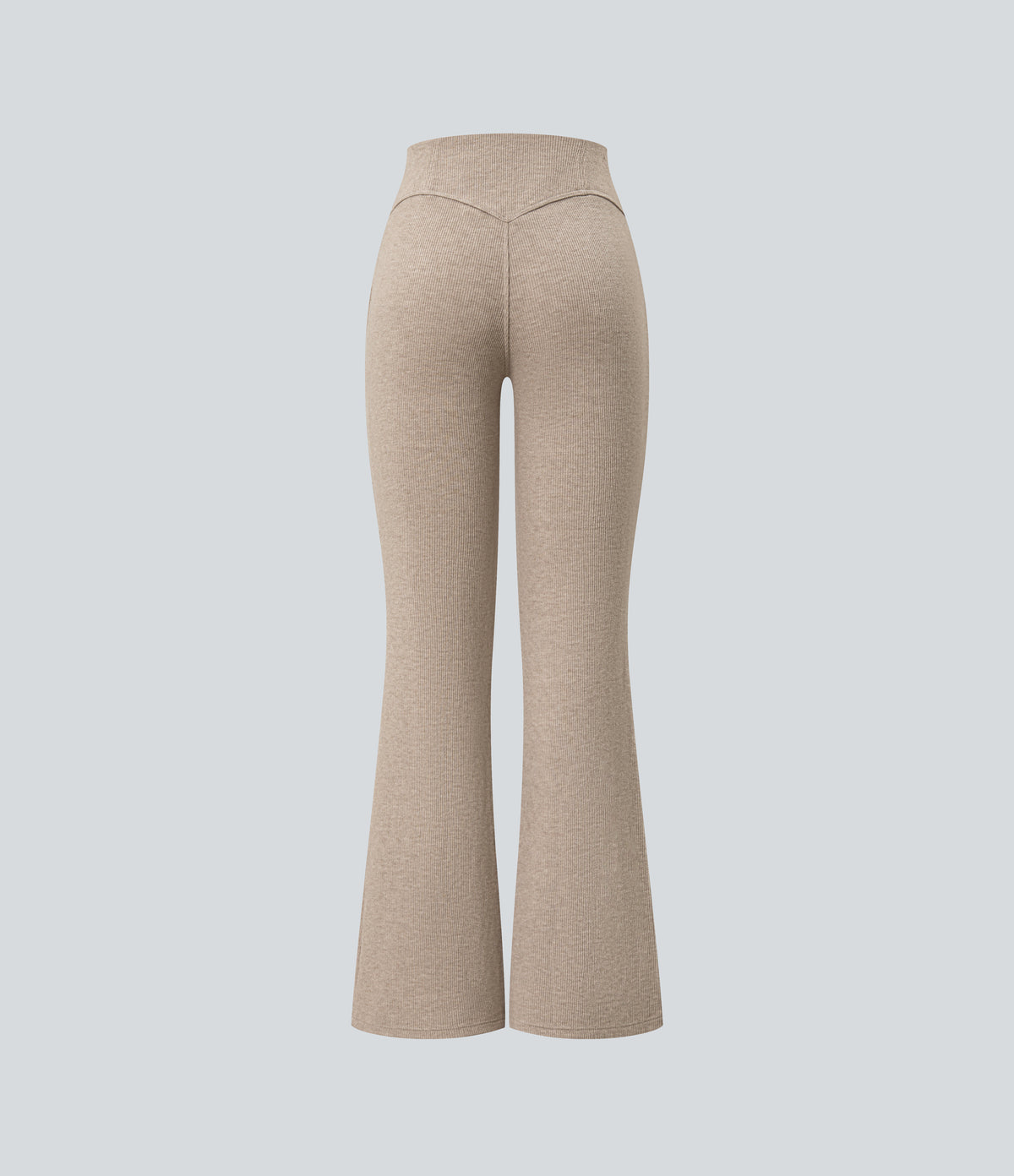 Ribbed High Waisted Tummy Control Casual Flare Trousers — Oatstone Beige — view 8