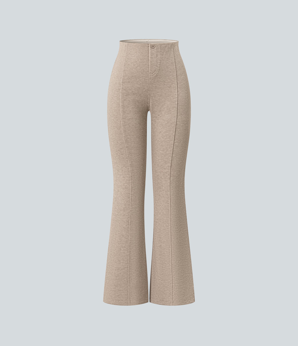 Ribbed High Waisted Tummy Control Casual Flare Trousers — Oatstone Beige — view 7