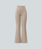 Ribbed High Waisted Tummy Control Casual Flare Trousers — Oatstone Beige — view 7