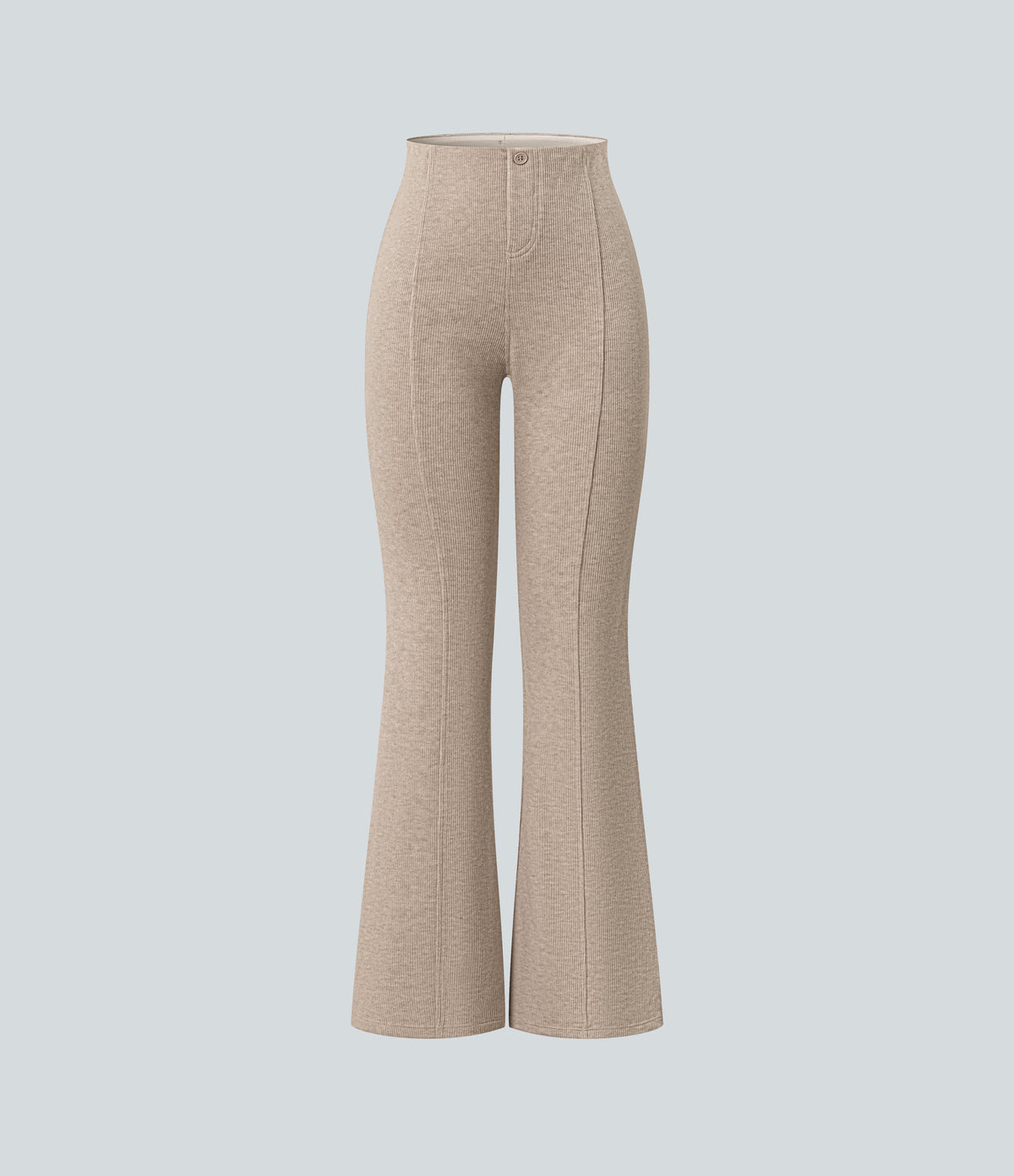 Ribbed High Waisted Tummy Control Casual Flare Trousers — Oatstone Beige — view 7