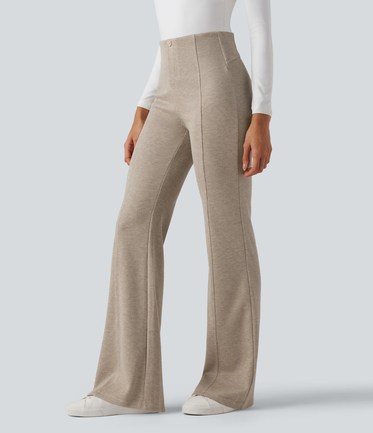 Ribbed High Waisted Tummy Control Casual Flare Trousers — Oatstone Beige — view 3