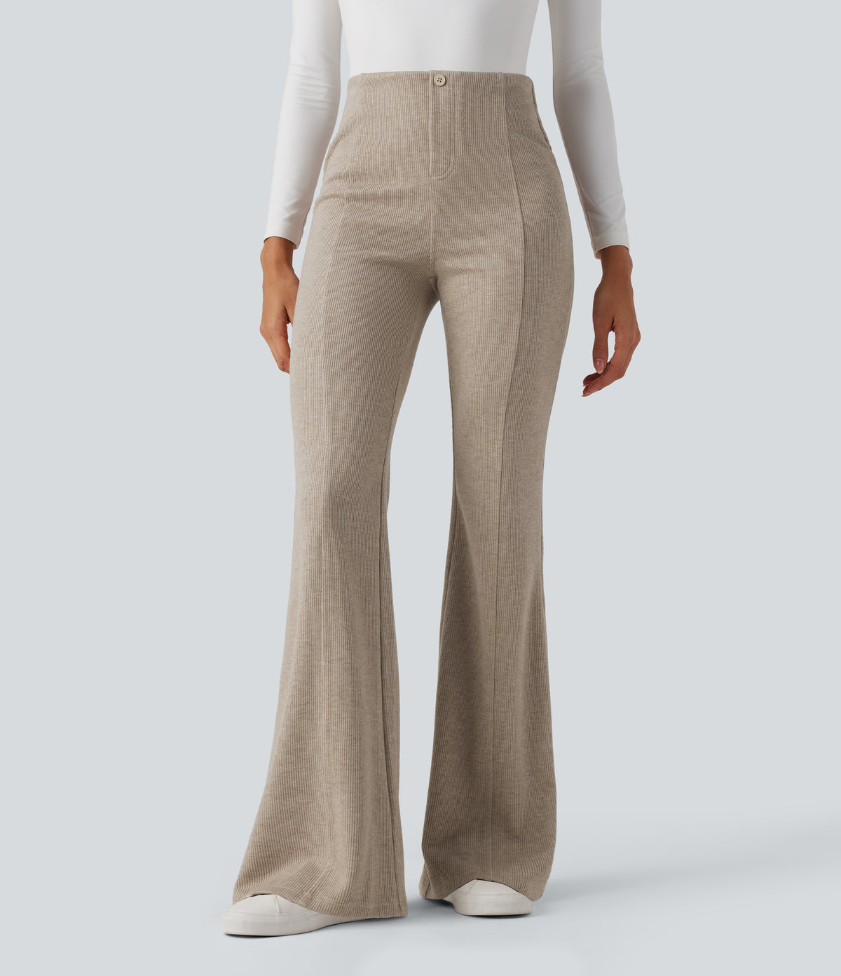 Ribbed High Waisted Tummy Control Casual Flare Trousers — Oatstone Beige — view 1