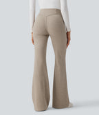 Ribbed High Waisted Tummy Control Casual Flare Trousers — Oatstone Beige — view 2