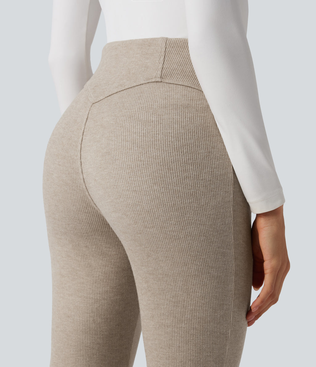 Ribbed High Waisted Tummy Control Casual Flare Trousers — Oatstone Beige — view 5