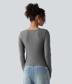 Push-Up Molded Cups Notched Long Sleeve Casual Warming Top A/B Cup — Steel Gray — view 7