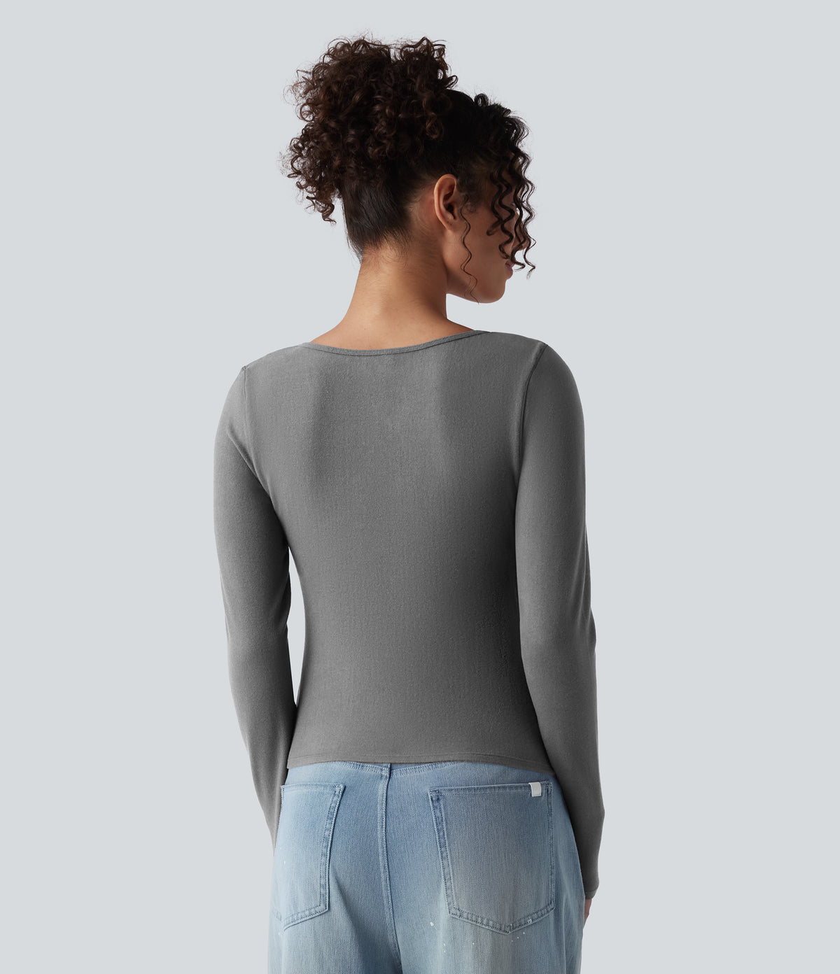 Push-Up Molded Cups Notched Long Sleeve Casual Warming Top A/B Cup — Steel Gray — view 7