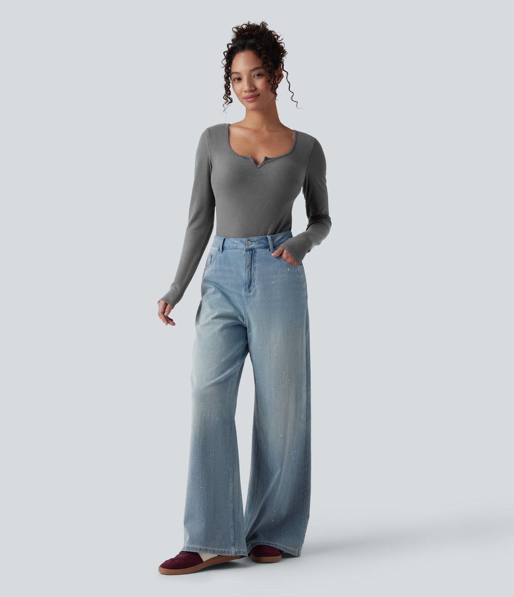 Push-Up Molded Cups Notched Long Sleeve Casual Warming Top A/B Cup — Steel Gray — view 8