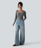 Push-Up Molded Cups Notched Long Sleeve Casual Warming Top A/B Cup — Steel Gray — view 8