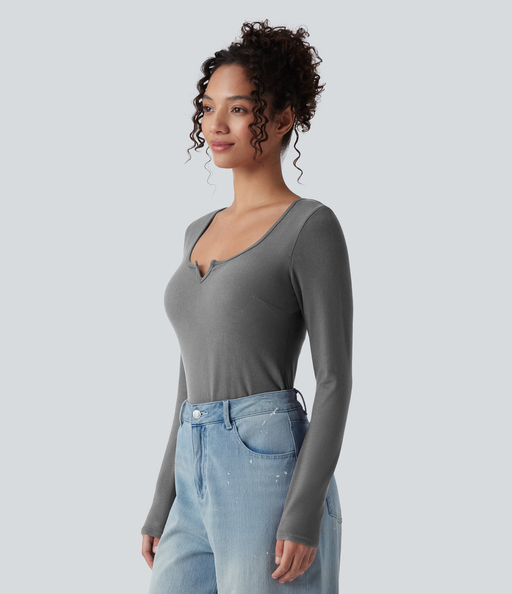 Push-Up Molded Cups Notched Long Sleeve Casual Warming Top A/B Cup — Steel Gray — view 5