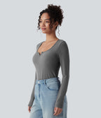 Push-Up Molded Cups Notched Long Sleeve Casual Warming Top A/B Cup — Steel Gray — view 5