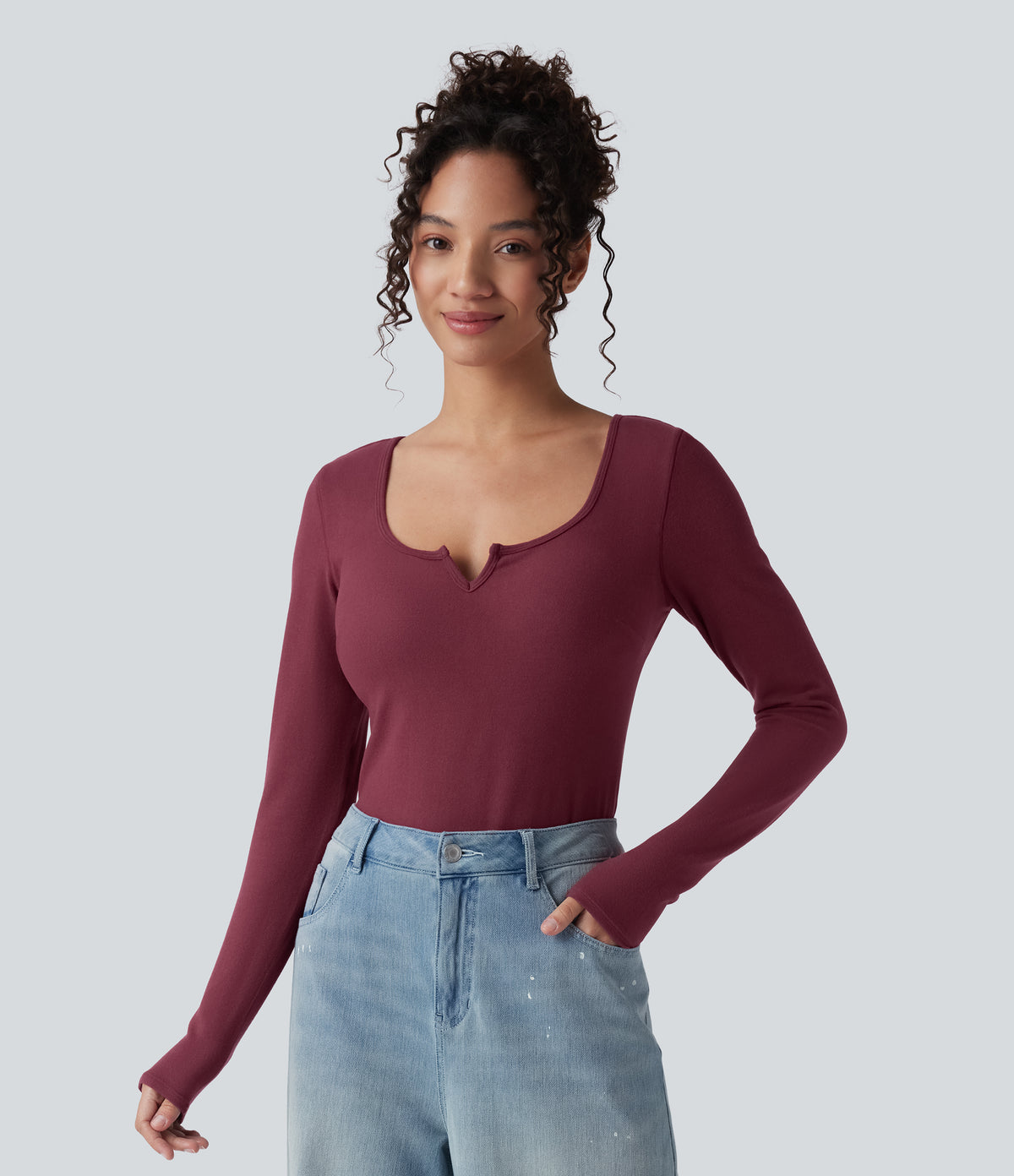 Push-Up Molded Cups Notched Long Sleeve Casual Warming Top A/B Cup — Cordovan — view 9