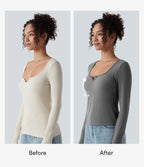 Push-Up Molded Cups Notched Long Sleeve Casual Warming Top A/B Cup — Steel Gray — view 2
