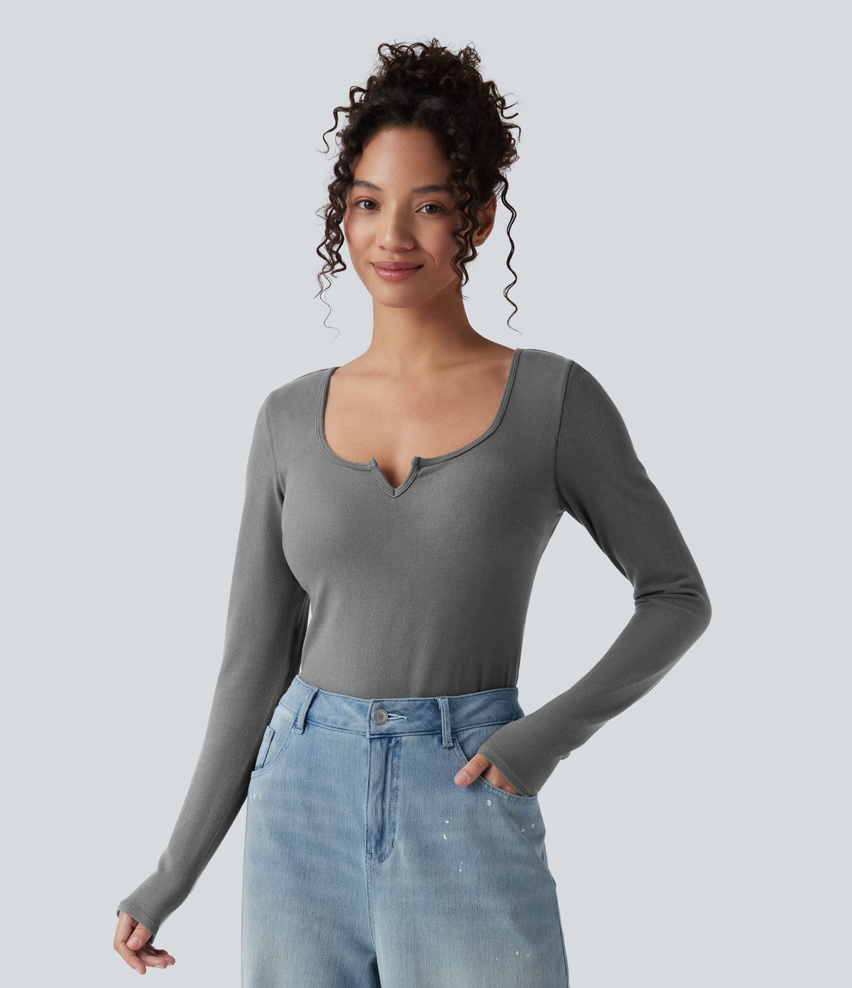 Push-Up Molded Cups Notched Long Sleeve Casual Warming Top A/B Cup — Steel Gray — view 3