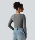 Push-Up Molded Cups Notched Long Sleeve Casual Warming Top A/B Cup — Steel Gray — view 4