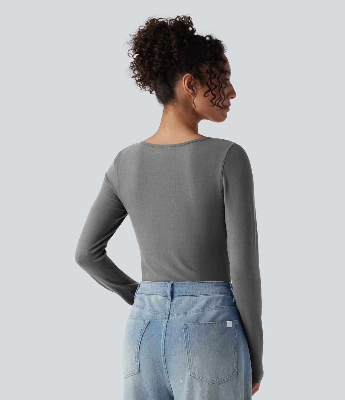 Push-Up Molded Cups Notched Long Sleeve Casual Warming Top A/B Cup — Steel Gray — view 4