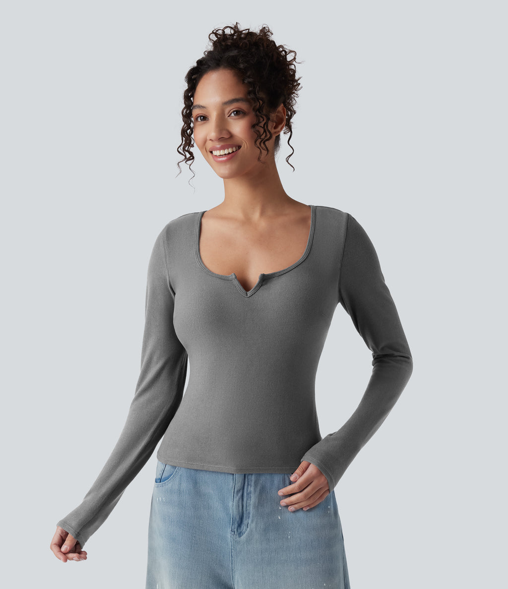 Push-Up Molded Cups Notched Long Sleeve Casual Warming Top A/B Cup — Steel Gray — view 6