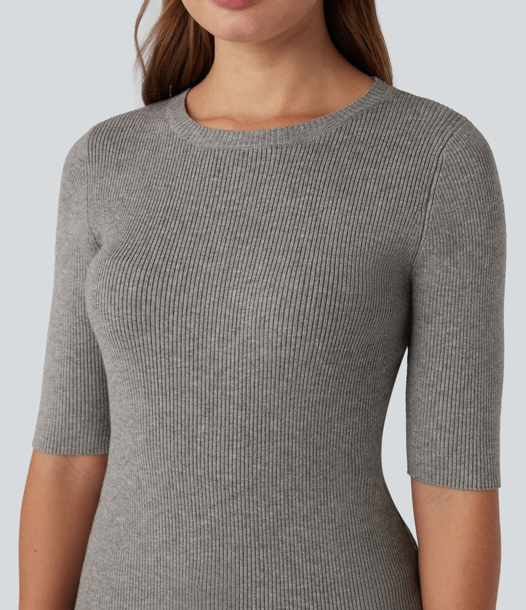Ribbed Knit Round Neck Half Sleeve Work Jumper — Silent Storm — view 1