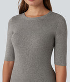 Ribbed Knit Round Neck Half Sleeve Work Jumper — Silent Storm — view 1